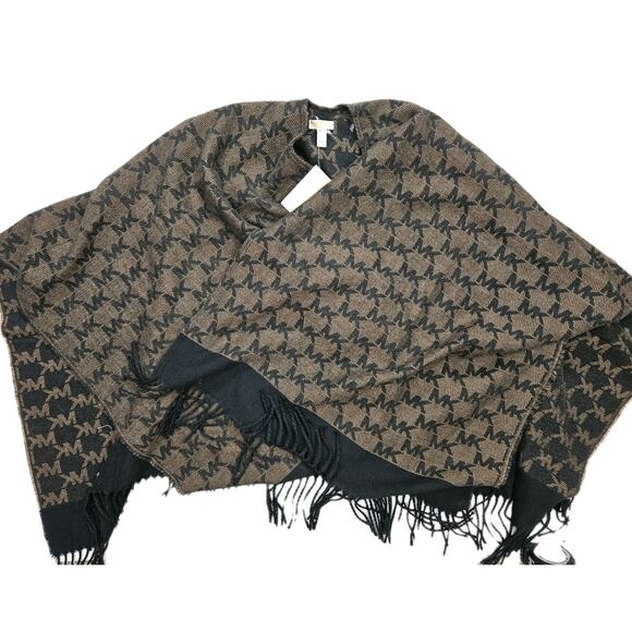 Michael Kors Shawl MK Logo Jacquard Cape Wrap Poncho One Size Brown Black - Picture 1 of 6